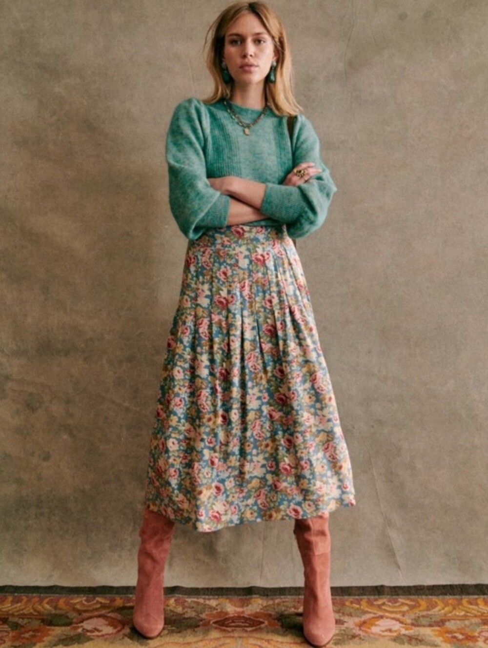 Sézane Jade Blue Floral Pleated Midi Skirt Viscose Size 36 / 4 - Picture 1 of 10